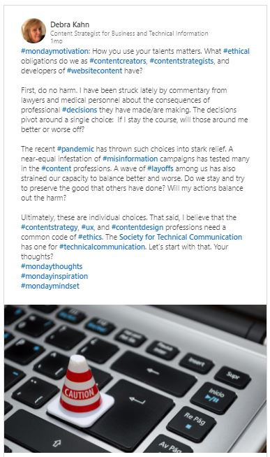 LinkedIn post with photo of keyboard with caution cone on it.